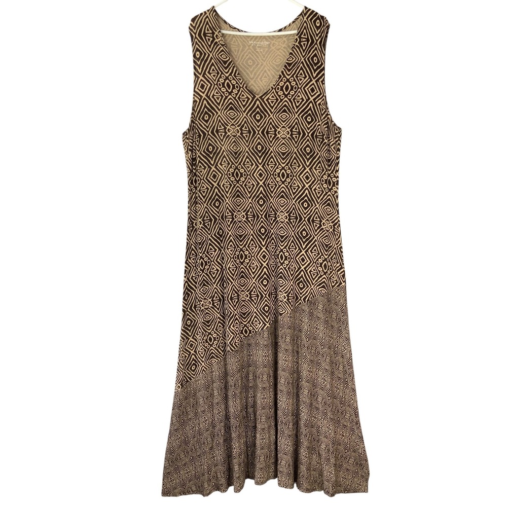 Soft Surroundings Brown Geometric Flowy Maxi Dress 1X Pullover V-Neck Sleeveless